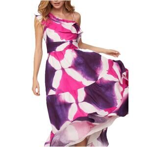 Busayo One Shoulder Maxi Dress 10 Pink Purple White Tie Dye Vacation Summer